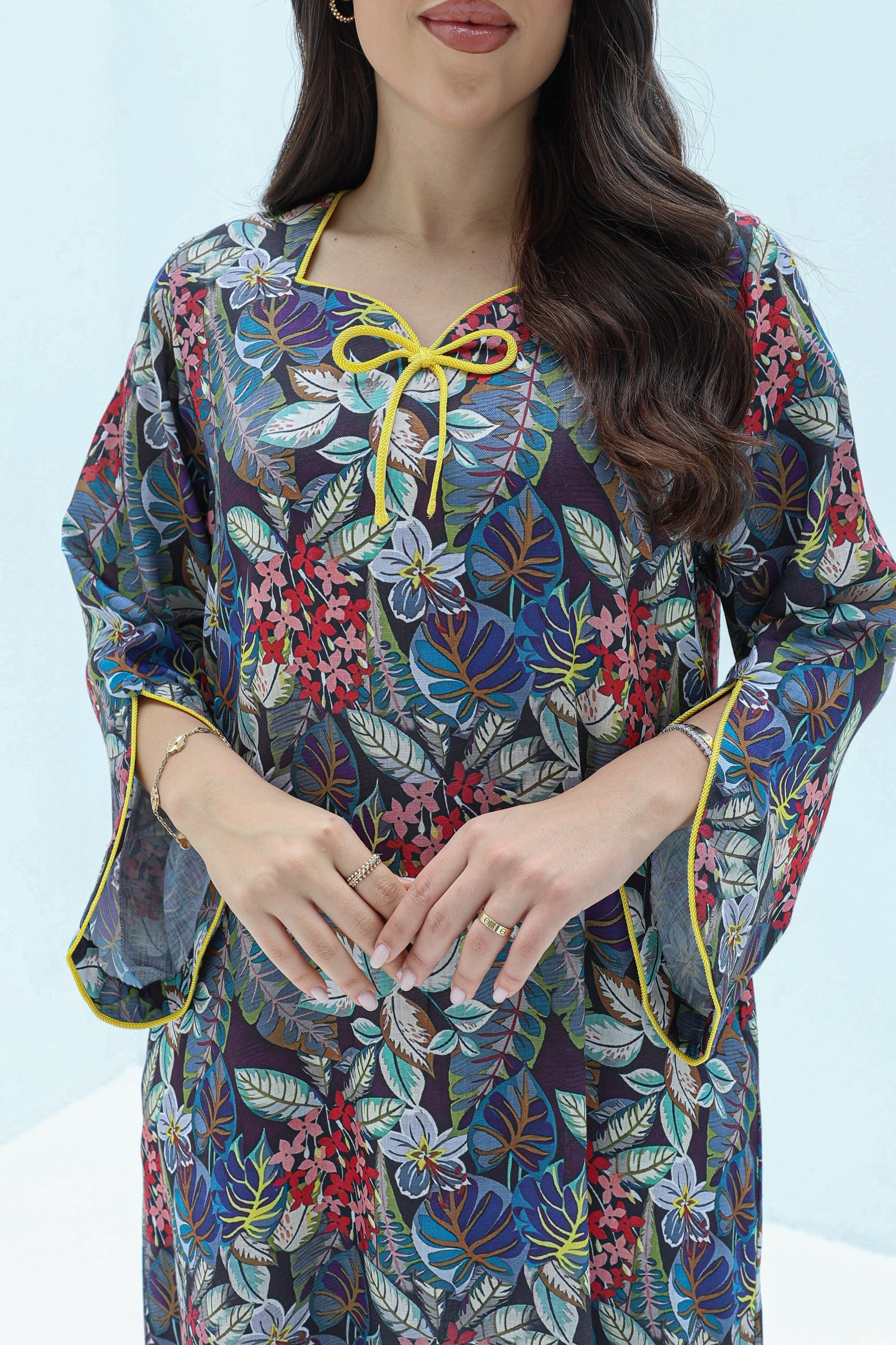 Tassel Neckline Detail on Botanical Print Jalabiya