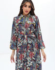 Ruffle neckline with hand embellishment on Midnight Tropical Bloom Embellished Linen Blend Dress