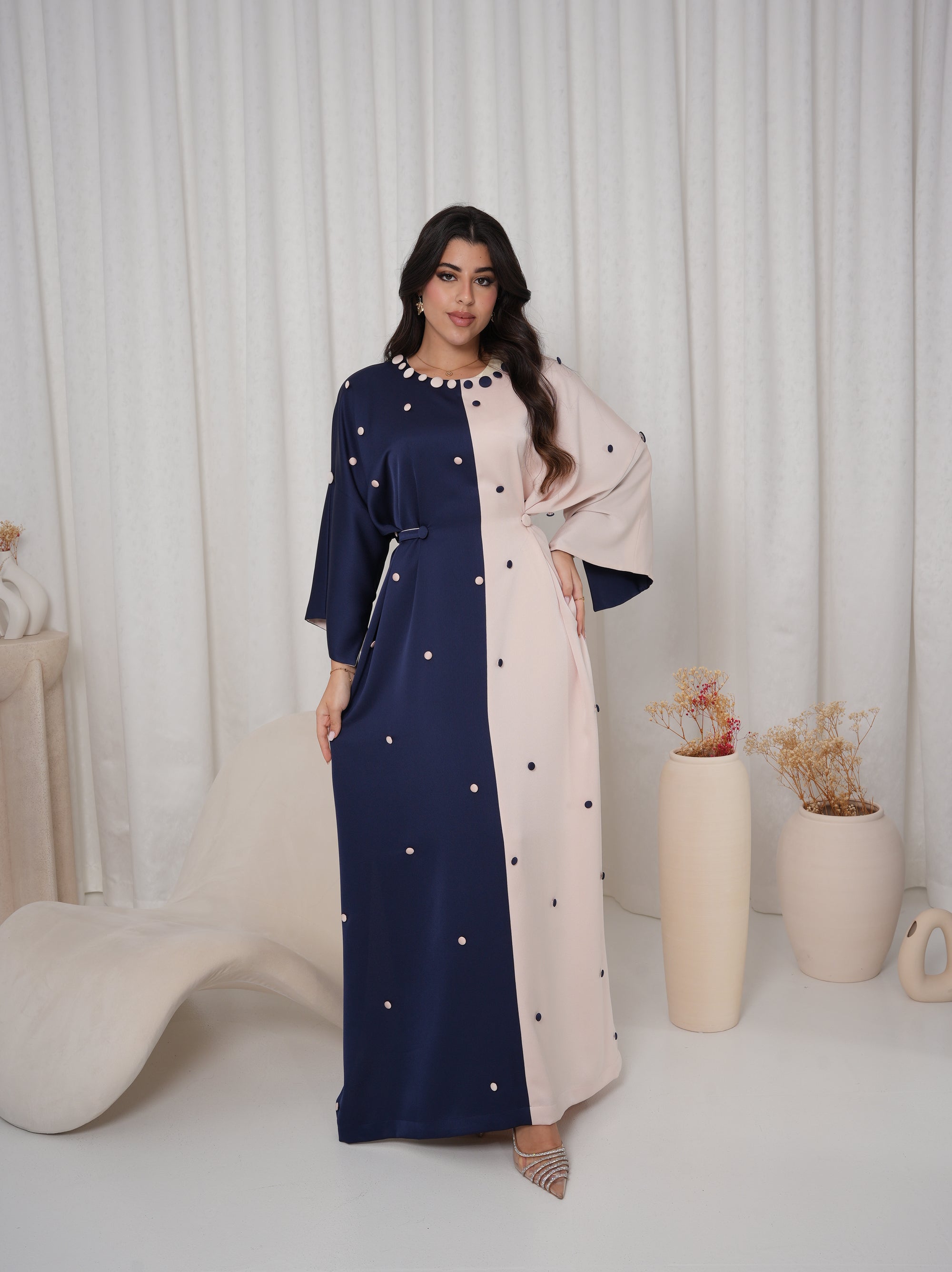 Full-length view of the Two-Tone Button Embellished Crepe Kaftan in navy and blush with a relaxed modest silhouette.