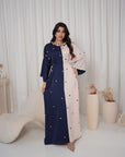 Full-length view of the Two-Tone Button Embellished Crepe Kaftan in navy and blush with a relaxed modest silhouette.