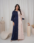 Lifestyle view of the Two-Tone Button Embellished Crepe Kaftan by Gharza Couture styled for Ramadan, Eid, and special occasions.
