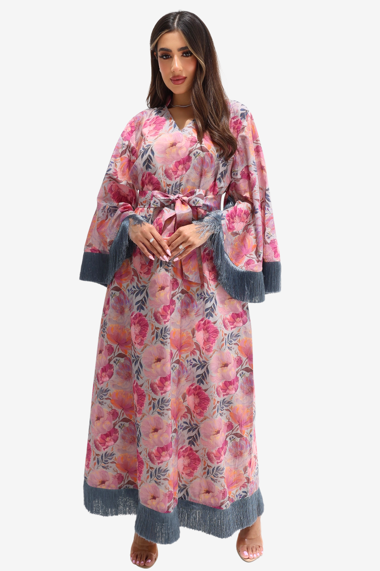 Vintage Garden Fringe silk jalabiya with vibrant pink floral print and dark contrast cuffs
