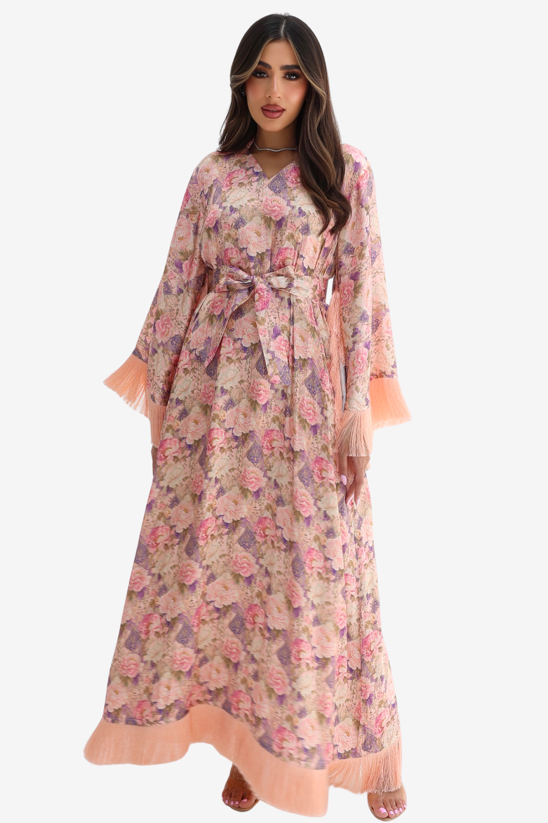 Vintage Garden Fringe silk jalabiya in soft pink with all-over floral print and flowing sleeves