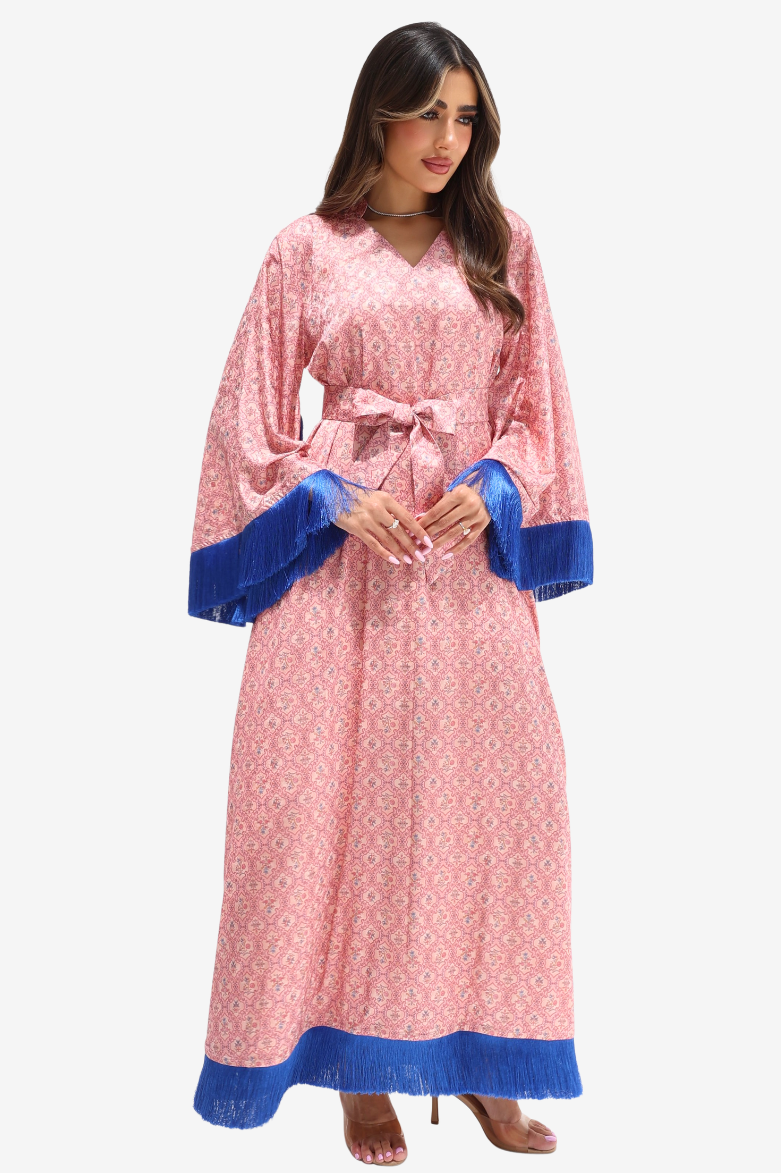 Vintage Garden Fringe jacquard silk jalabiya in blush pink with bold blue cuffs and hem trim