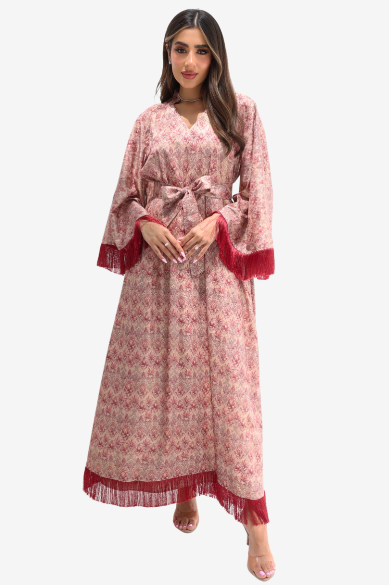 Vintage Garden Fringe jacquard silk jalabiya in dusty rose with burgundy cuffs and hem detail