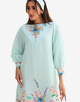Watercolor Bloom Embellished Belted Linen Blend Dress