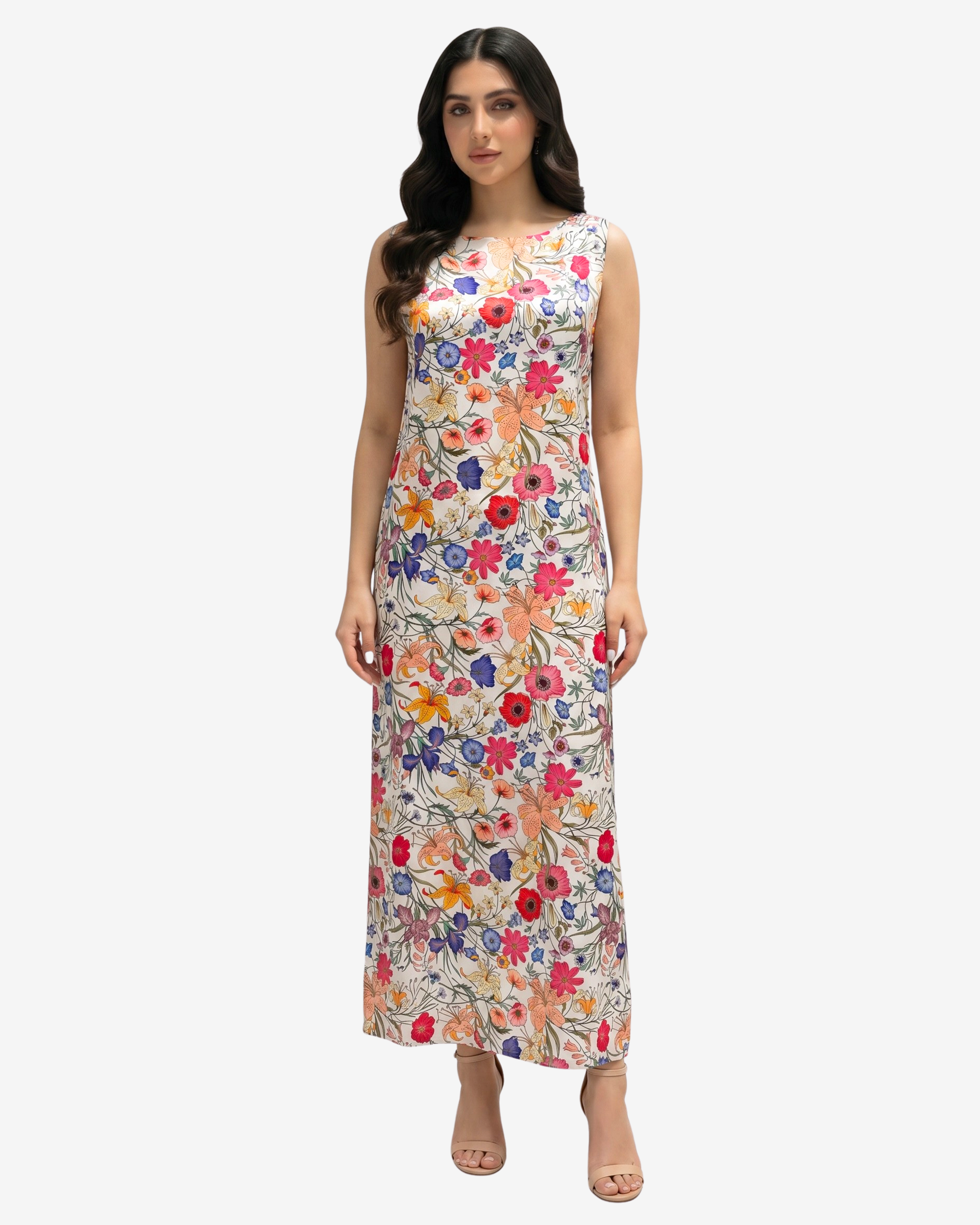 Wildflower Symphony Silk Blend Dress in vibrant botanical floral print with elegant sleeveless full-length silhouette.
