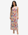 Wildflower Symphony Silk Blend Dress in vibrant botanical floral print with elegant sleeveless full-length silhouette.