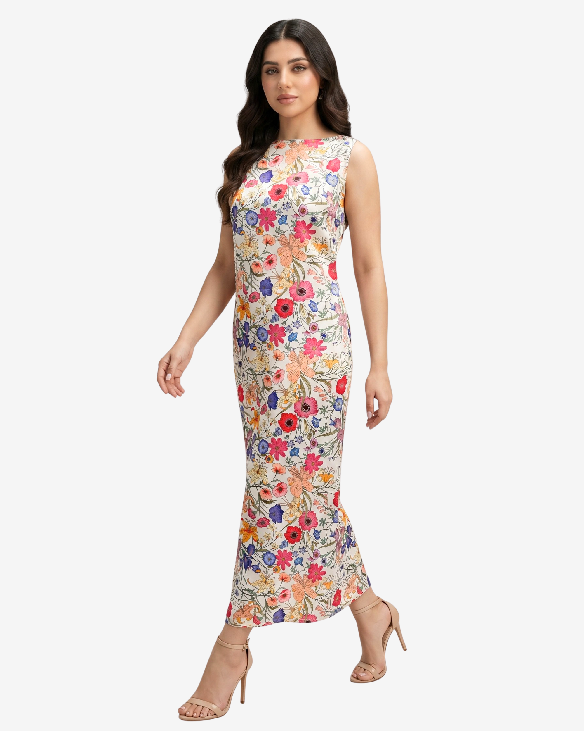 Elegant silk blend floral maxi dress with flowing silhouette and vibrant multicolor botanical pattern by Gharza Couture.