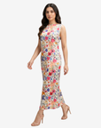 Elegant silk blend floral maxi dress with flowing silhouette and vibrant multicolor botanical pattern by Gharza Couture.