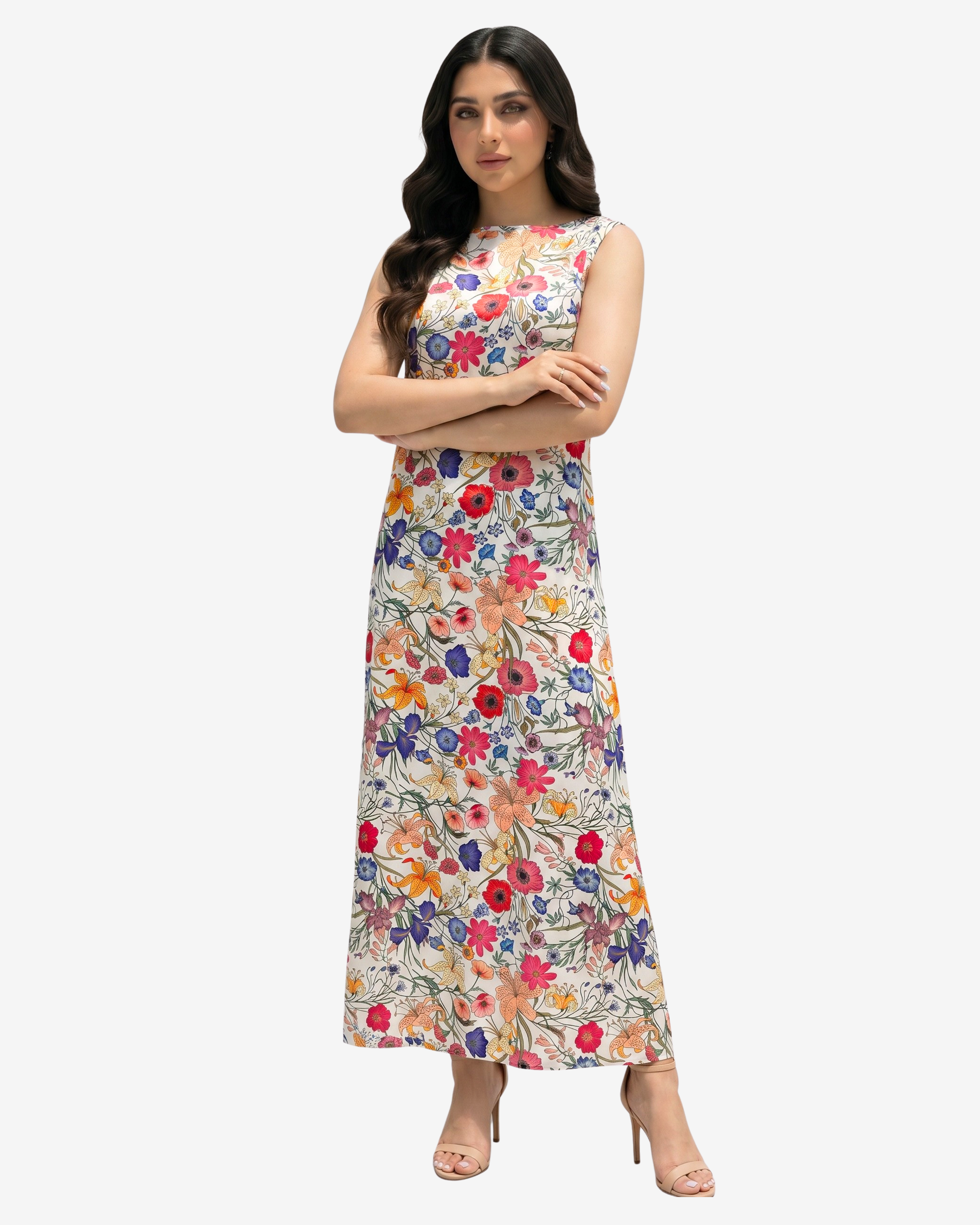 Luxury Wildflower Symphony silk blend floral dress featuring colorful botanical print and timeless sleeveless design.