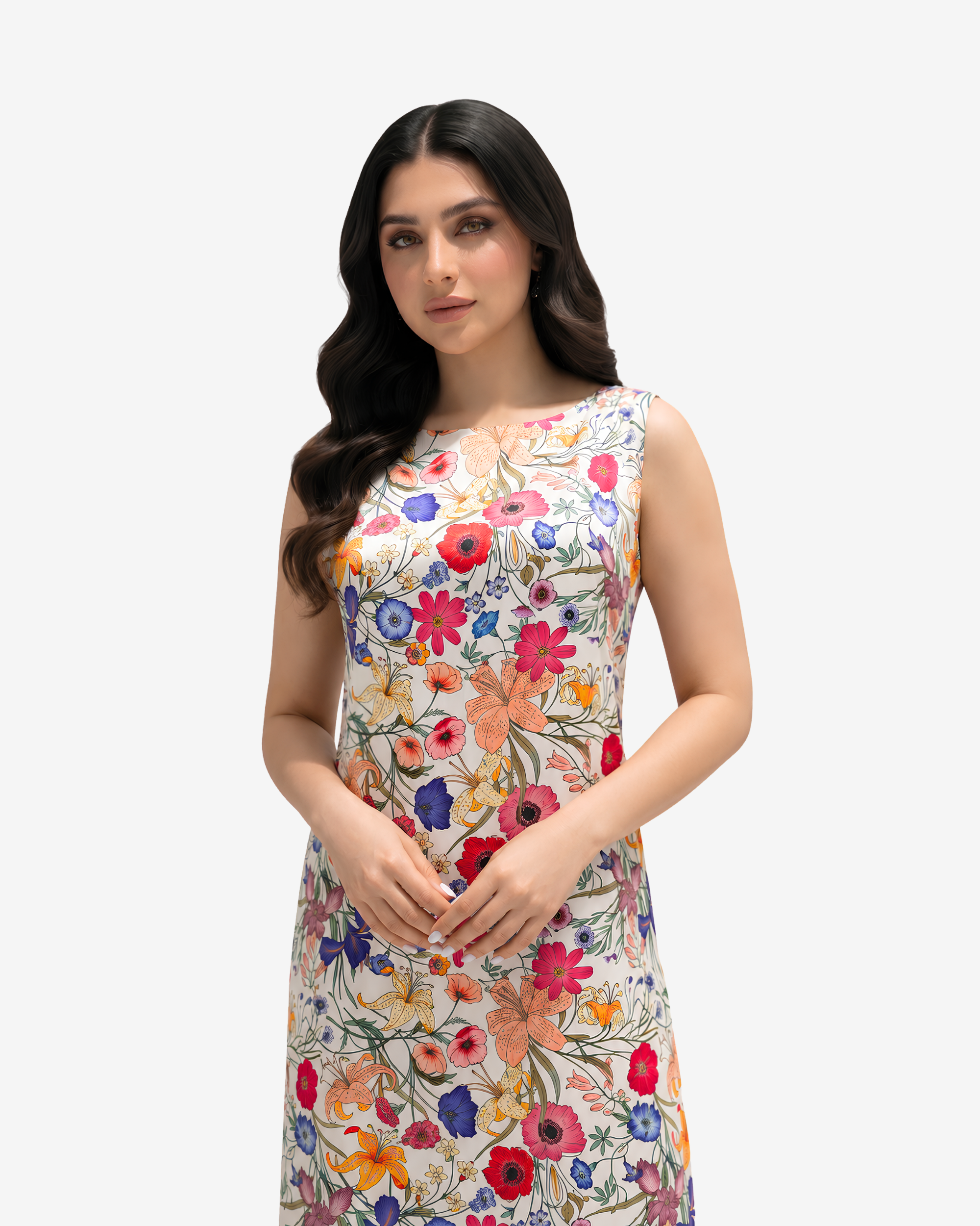 Close-up of the Wildflower Symphony silk blend dress highlighting the vibrant botanical floral print and premium fabric.