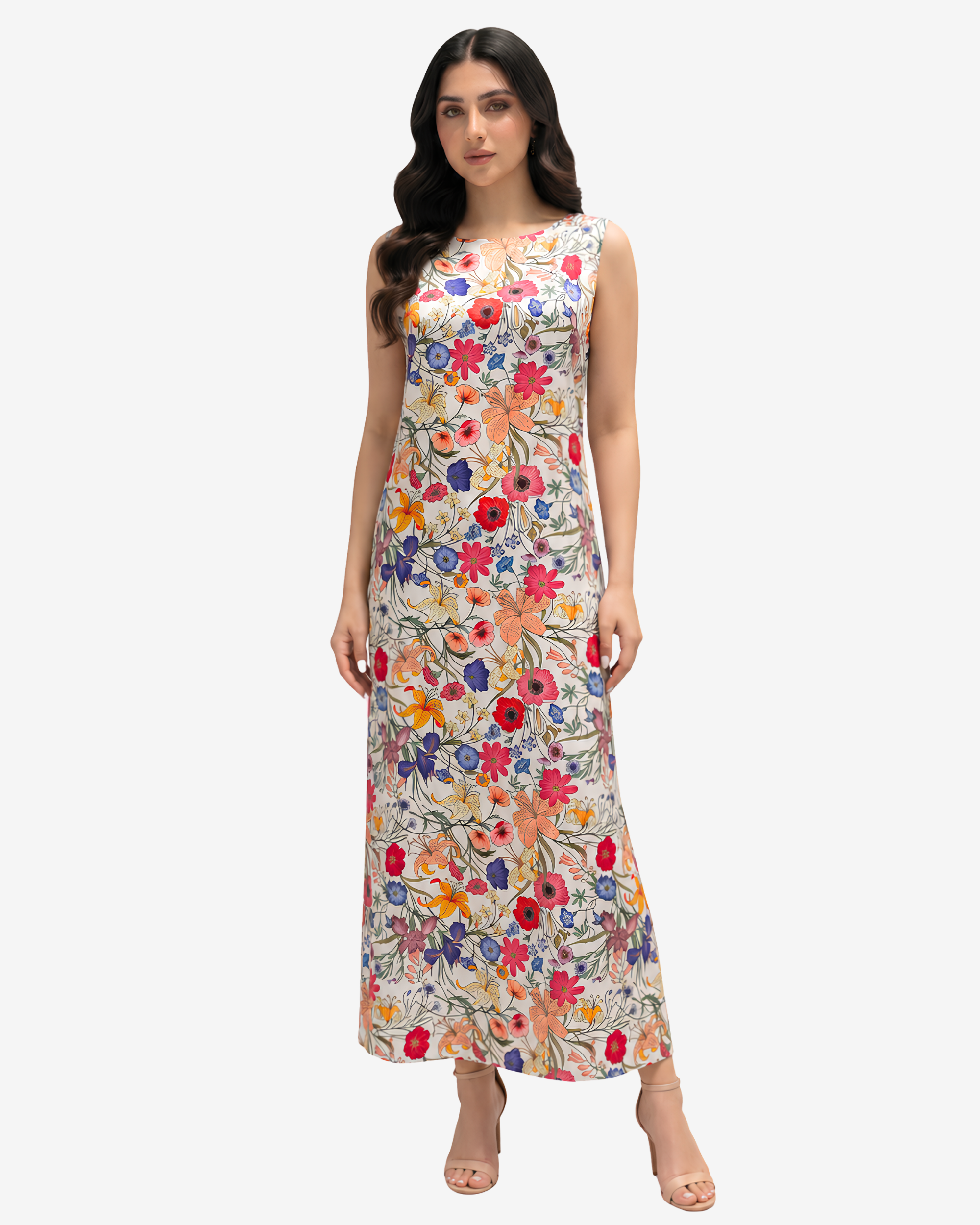 Premium Wildflower Symphony silk blend dress showcasing colorful floral print and sophisticated modest fashion style.