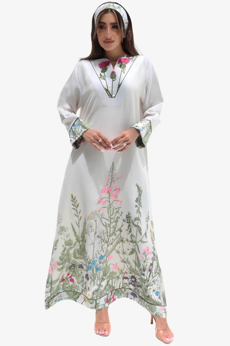 Wildflower Meadow Floral Embellished Linen Blend Jalabiya featuring hand embellished floral neckline and botanical meadow print