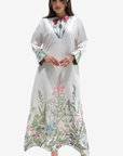 Wildflower Meadow Floral Embellished Linen Blend Jalabiya featuring hand embellished floral neckline and botanical meadow print