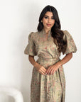 Abstract Print Belted Dress full-length view featuring an elegant abstract print and feminine silhouette.