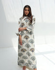 Art Deco Fan Print Linen Blend Jalabiya full length view