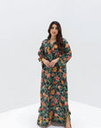 Autumn Botanical Linen Blend Jalabiya full length front view