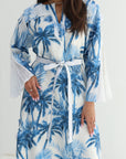 Azure Palm Pleated Sleeve Linen Blend Dress waist belt detail