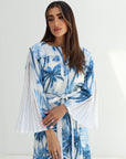 Azure Palm Pleated Sleeve Linen Blend Dress tropical palm print detail