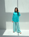 Azure Voyage 3-in-1 Travel Wear Set featuring a matching top, vest, and wide-leg trousers.