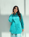 Shirt collar and button-front detail on the Azure Voyage 3-piece set