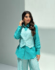 Close-up of the matching vest detail on the Azure Voyage Travel Wear Set.