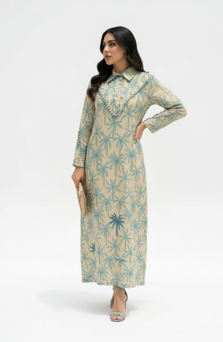 Dalal — L173 — Teal Palm Print Linen Jalabiya with Embroidery