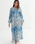 Blue Botanical Vine Print Linen Blend Jalabiya - Full Length Jalabiya