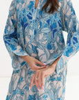 Blue Botanical Vine Print Linen Blend Jalabiya - Neckline Detail