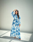 Women's Blue Palm Print Belted Linen Blend Maxi Dress with Shirt Collar