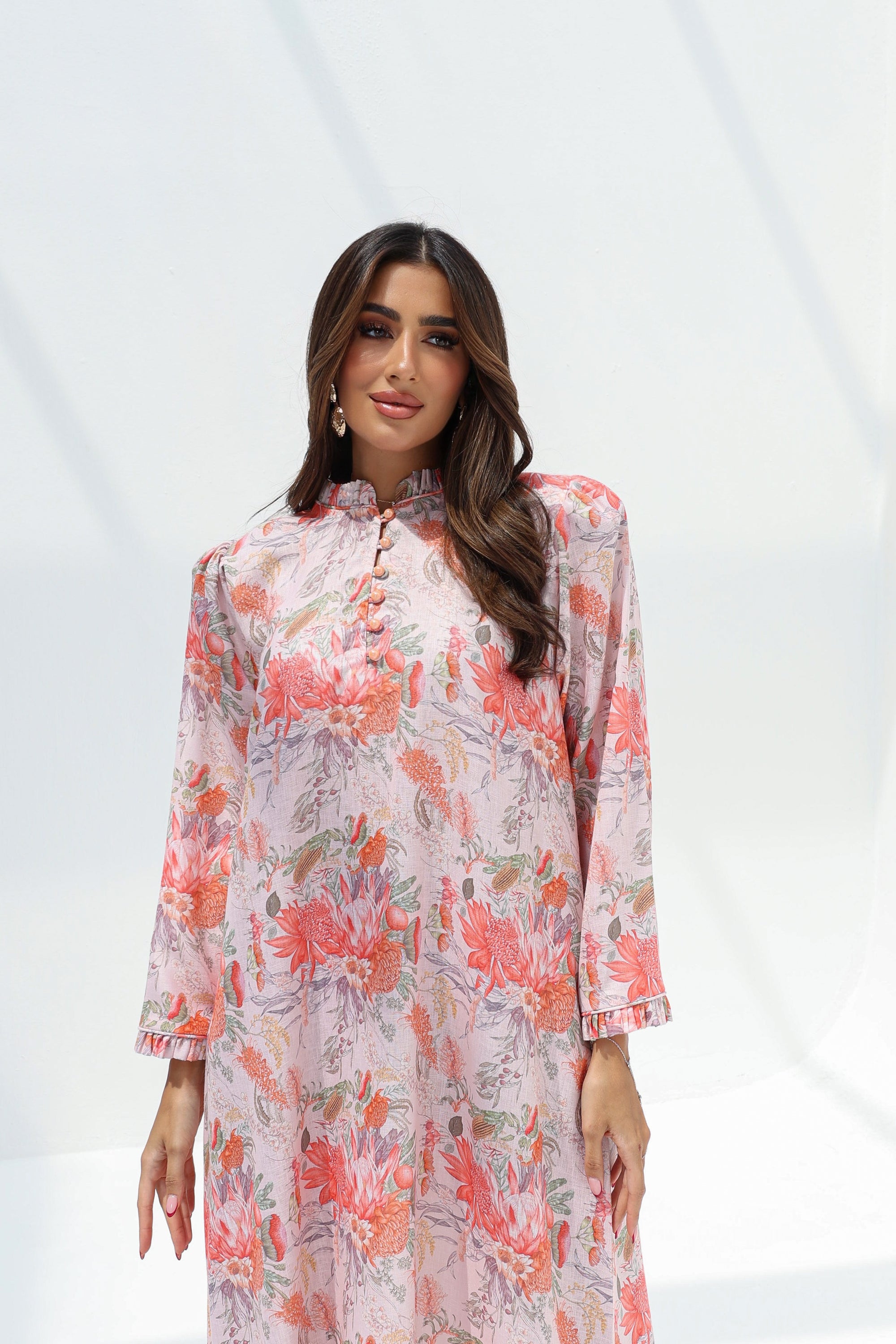 Blush Botanical Bloom Linen Blend Jalabiya ruffle neckline detail