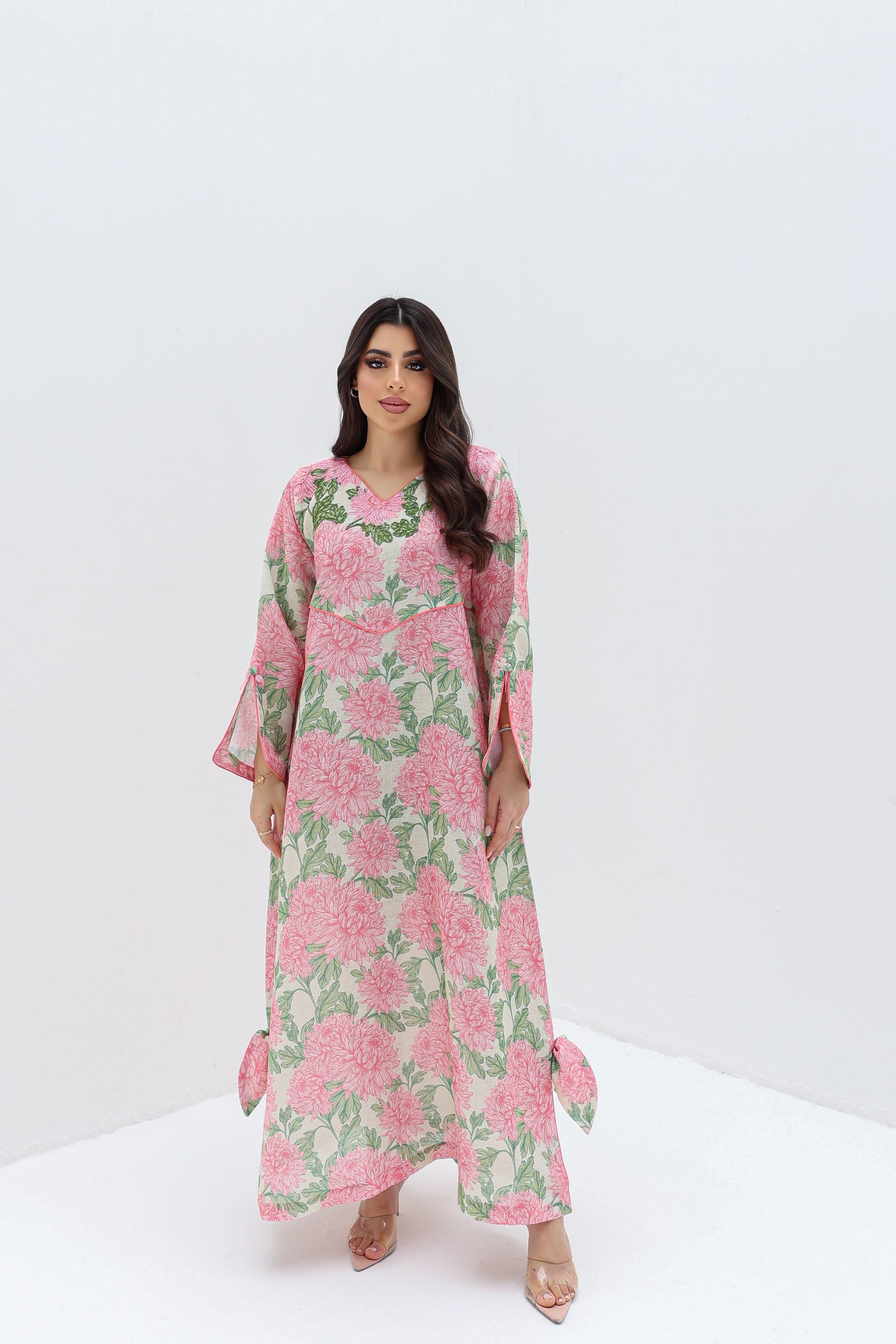 Pink Floral Linen Blend Jalabiya with Embellished Neckline