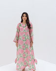 Pink Floral Linen Blend Jalabiya with Embellished Neckline