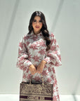 Pink Palm Print Linen Blend Jalabiya Classic Collar Neckline Close Up