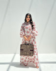 Pink Palm Print Linen Blend Jalabiya for Women Front View Full Length Modest Dress
