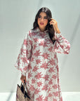 Pink Palm Tree Print Linen Blend Jalabiya Detailed Botanical Pattern Close Up