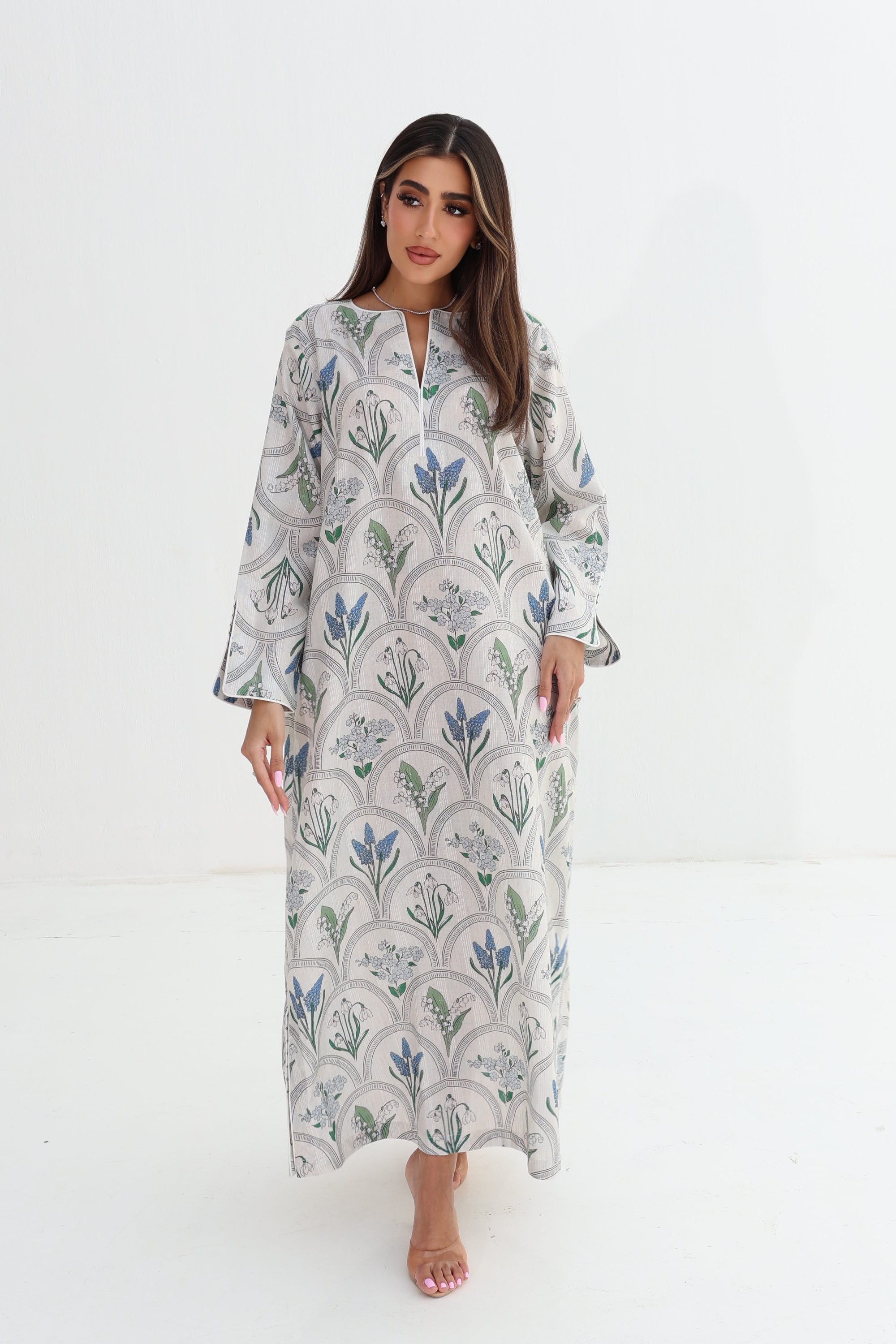 Botanical Arch Print Linen Blend Jalabiya - Botanical Fabric Detail