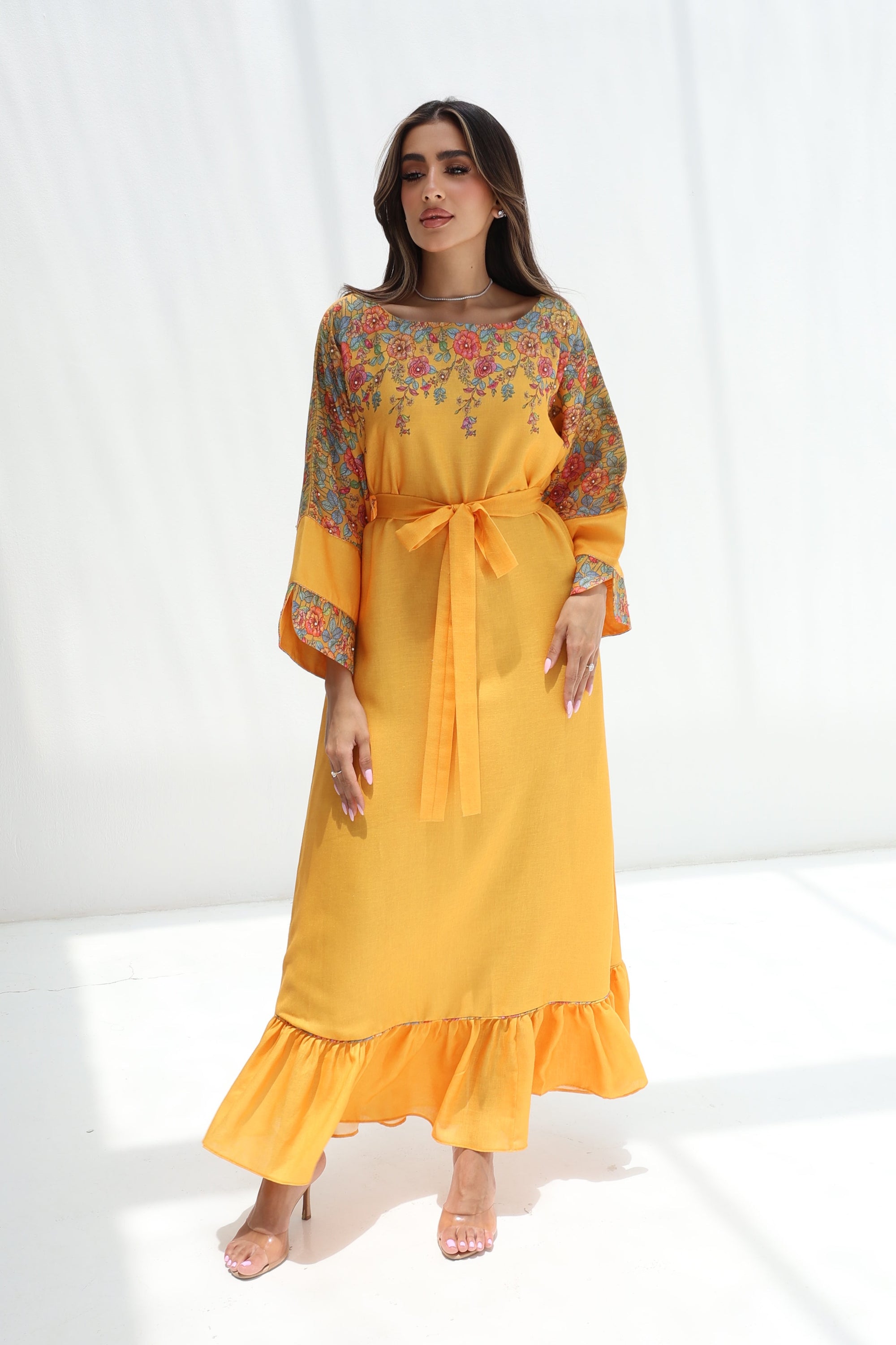 Botanical Border Embellished Linen Blend Dress with matching waist belt