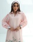 Botanical Garden Embellished Linen Blend Jalabiya front design