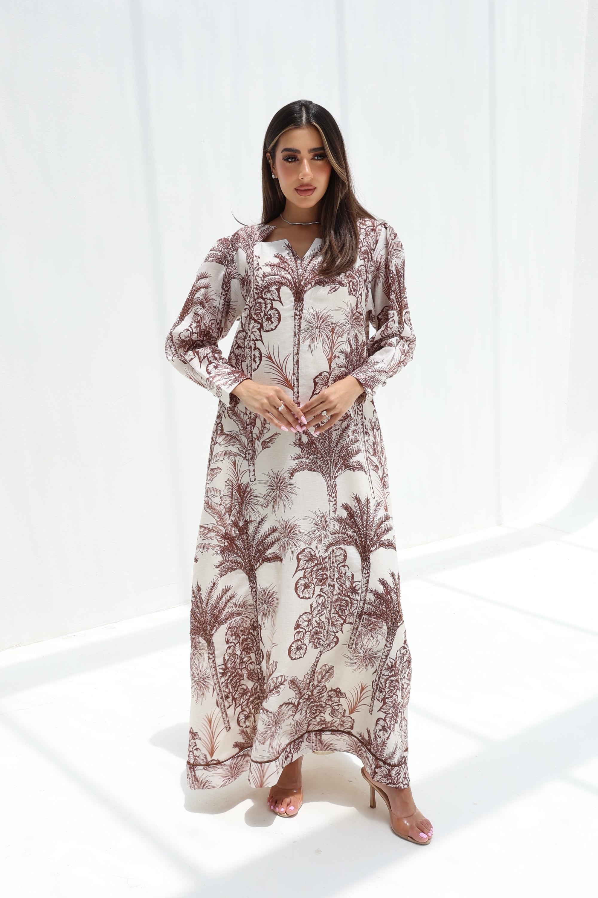 Full-length brown Palm Escape Hand Embellished Linen Blend Jalabiya