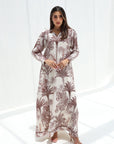 Full-length brown Palm Escape Hand Embellished Linen Blend Jalabiya