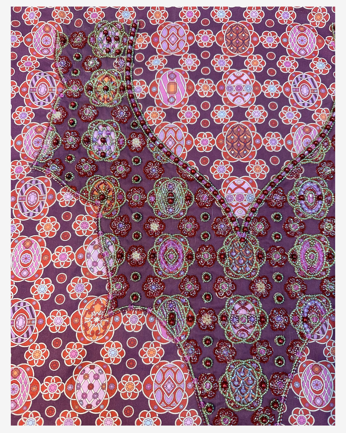 Close-up of the burgundy, pink and metallic hand-beaded neckline on Italian Liberty mukhawar fabric.