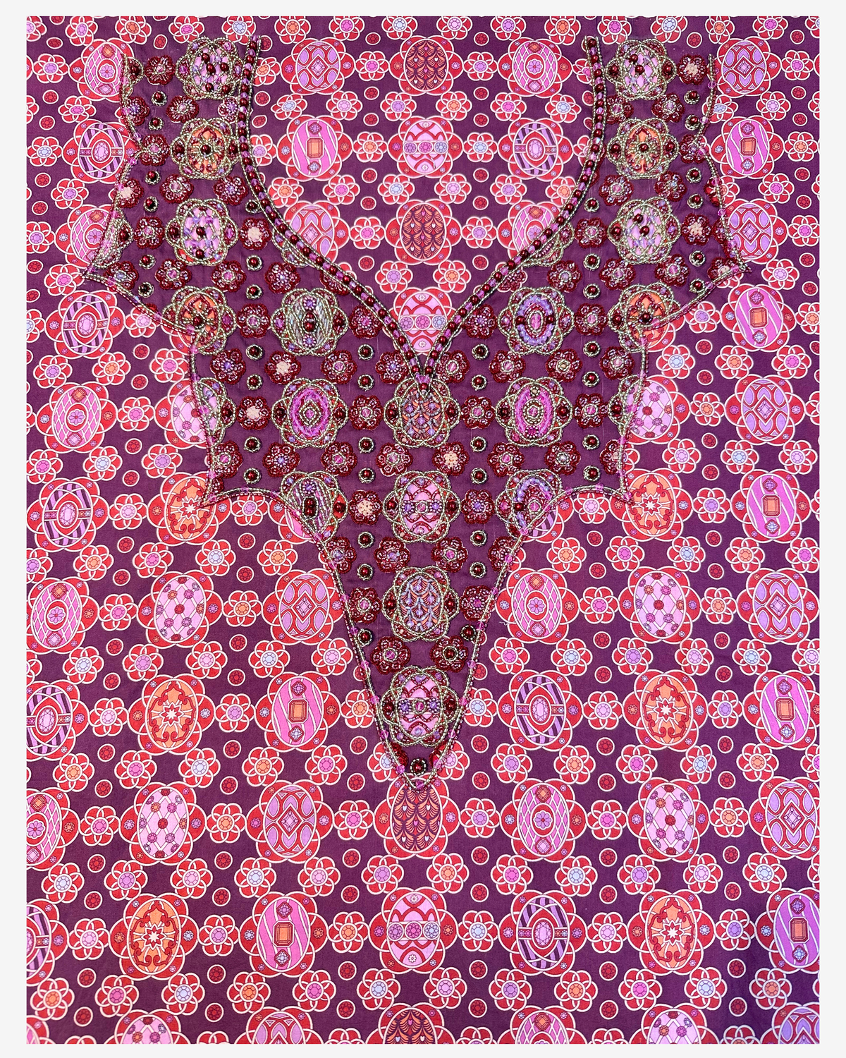 Complete front design of burgundy Liberty mukhawar fabric with an ornate hand-beaded medallion neckline.