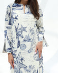 Split cuff with decorative button detail on Coastal Seashell Print Cotton Jalabiya