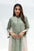 Contrast Panel Cotton Jalabiya in green and beige with botanical print and contrast side panels