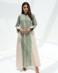 Contrast Panel Cotton Jalabiya in green and beige with botanical print and contrast side panels