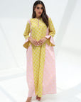 Contrast Panel Print Cotton Jalabiya yellow print full-length front view