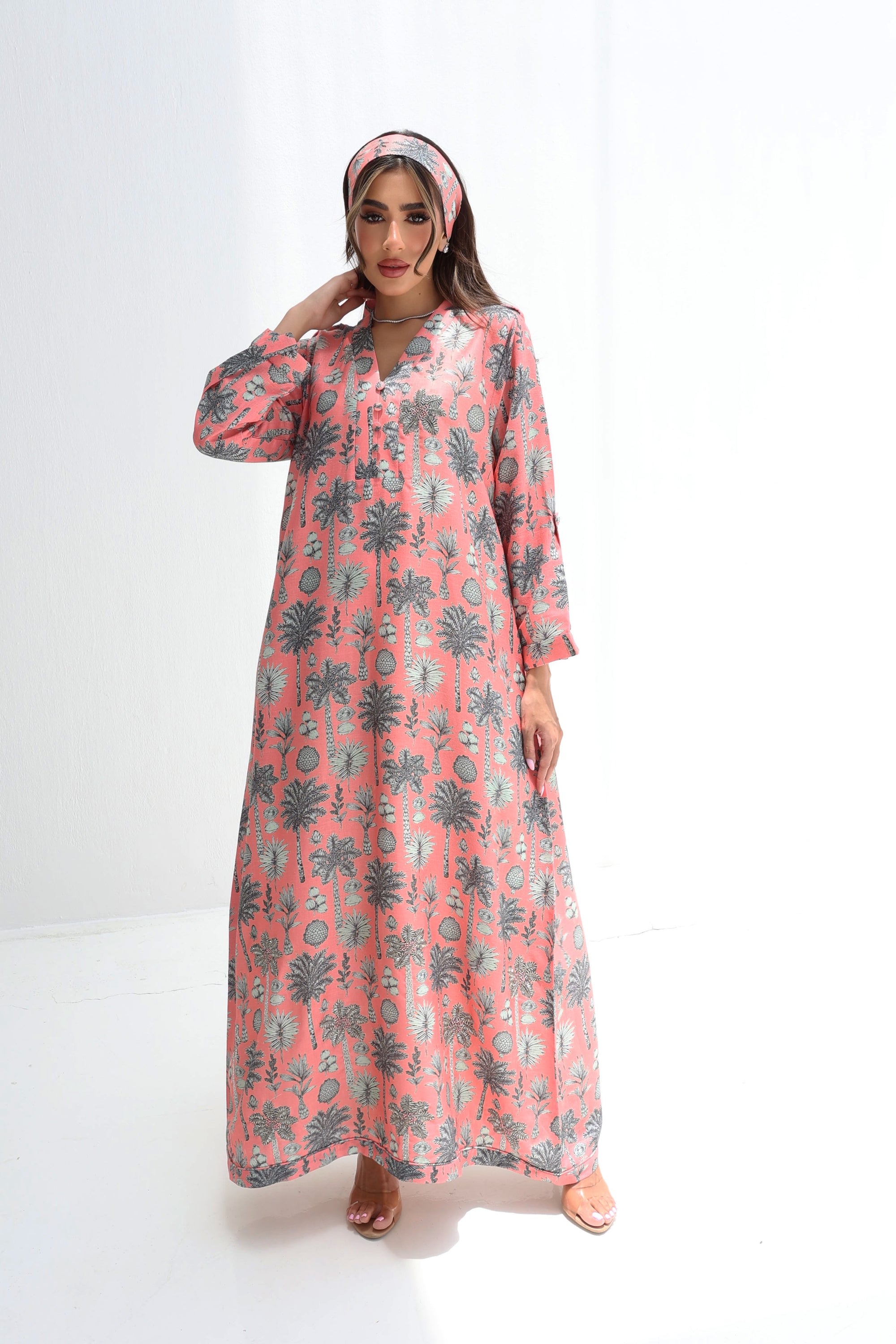 Coral Botanical Sketch Linen Blend Jalabiya with hand embellished neckline