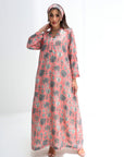 Coral Botanical Sketch Linen Blend Jalabiya with hand embellished neckline